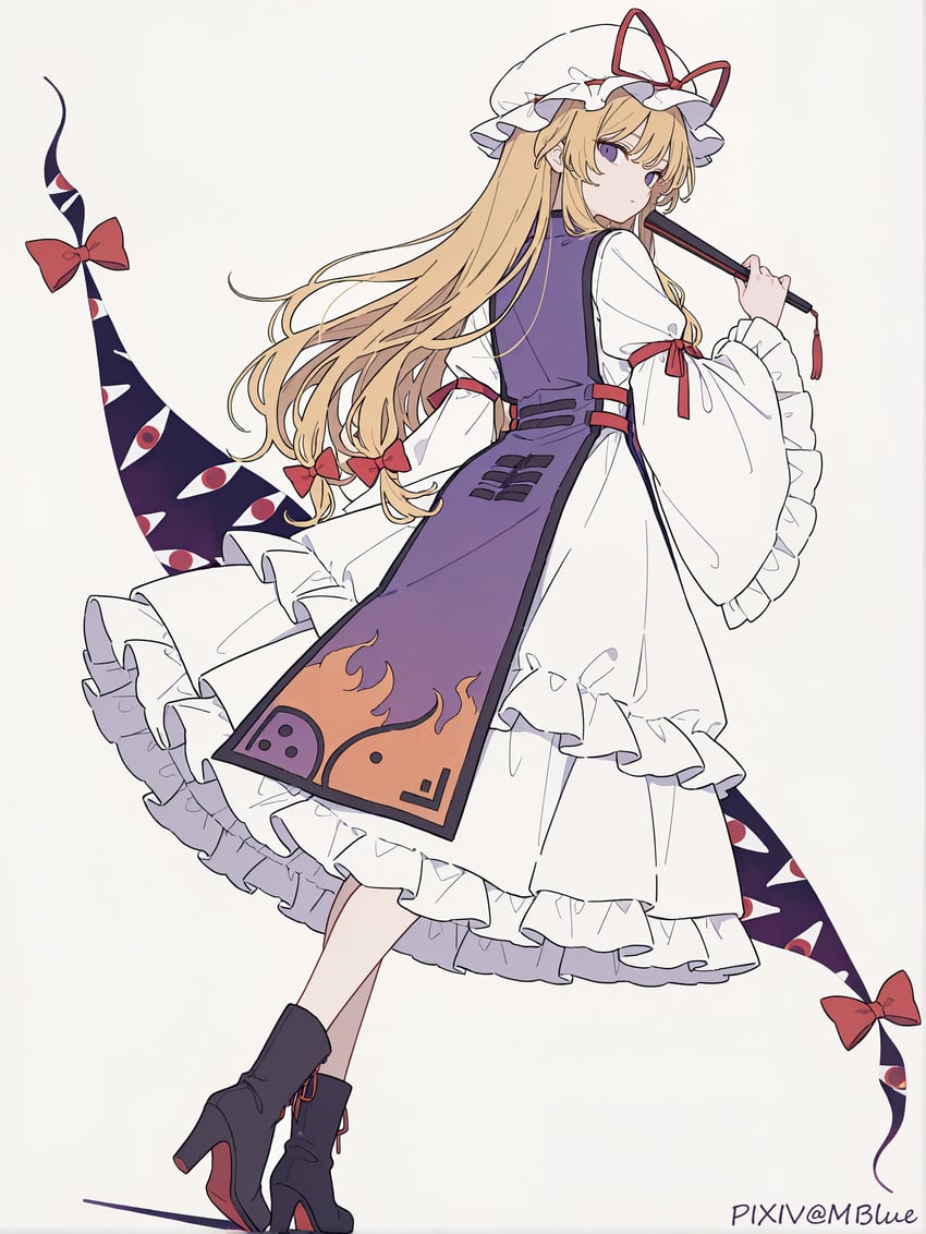 1girl, absurdres, black_footwear, blonde_hair, boots, bow, commentary, dress