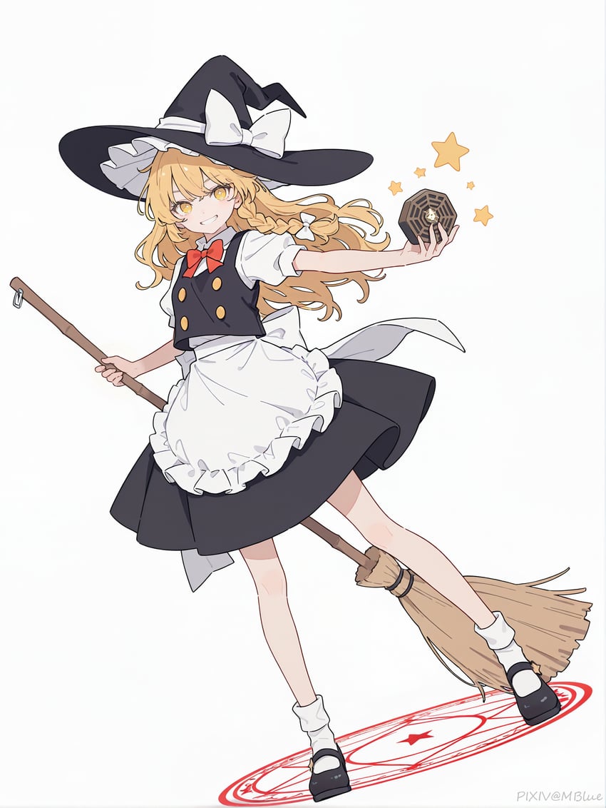 1girl, absurdres, apron, back_bow, black_footwear, black_headwear, black_skirt, black_vest