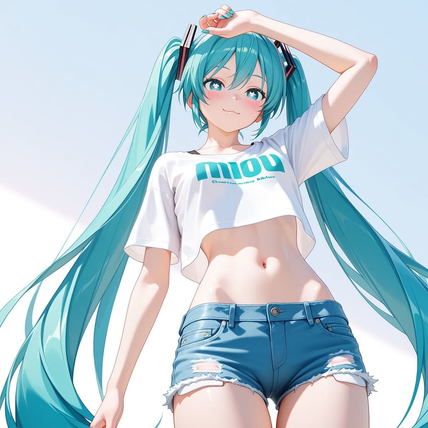 1girl, :3, aqua_eyes, aqua_hair, aqua_nails, blush, denim, denim_shorts