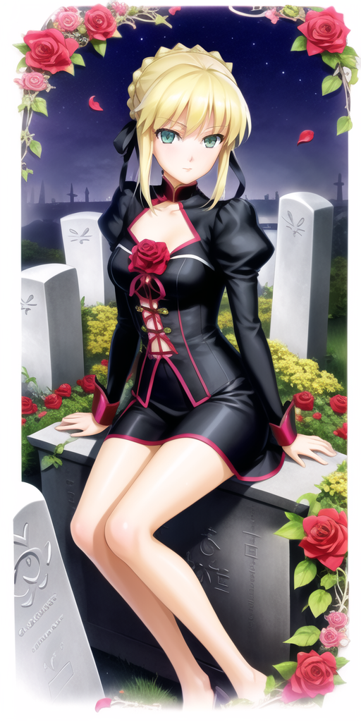 1girl, alternate_costume, anythingelse, artoria_pendragon_(fate), bangs, bare_legs, black_ribbon, blonde_hair, border, braid, breasts, bush, clothing_cutout, embedding, eyebrows_visible_through_hair, fading_border, fate/grand_order, fate/stay_night, fate_(series), faux_text, flower, flower_border, french_braid, full_body, gothic_lolita, grass, graveyard, green_eyes, hair_ribbon, happoubi_jin_(style), kether, kuudere, lips, lolita_fashion, long_sleeves, looking_at_viewer, medium_breasts, night, non-web_source, outdoors, petals, puffy_long_sleeves, puffy_sleeves, red_flower, red_rose, ribbon, rose, rose_petals, saber_(fate), self-upload, shiny, shiny_skin, short_hair, sidelocks, sitting, sky, solo, star_(sky), starry_sky, tombstone, white_border