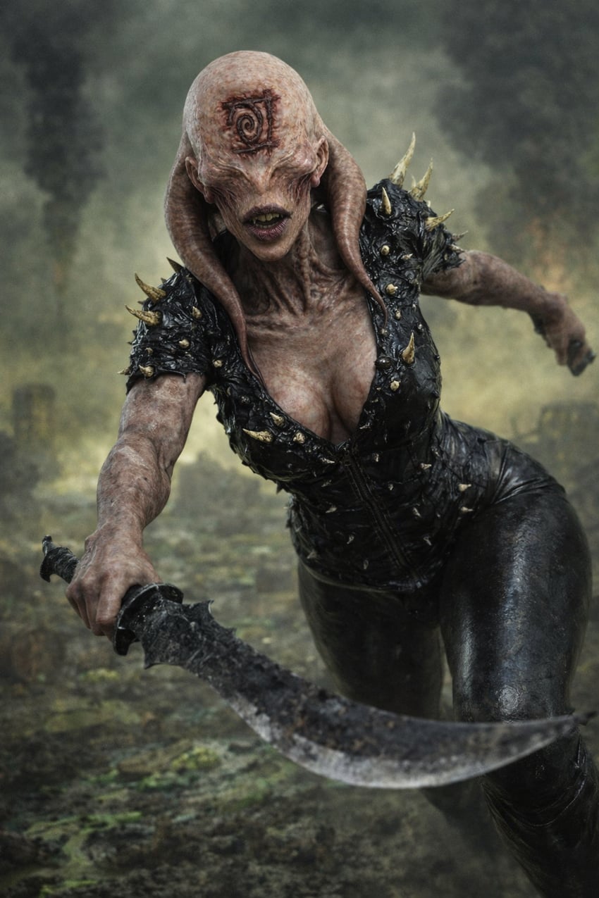 artist_request, bone_spikes, breasts, character_request, chatgpt, cleavage, copyright_request, eyeless