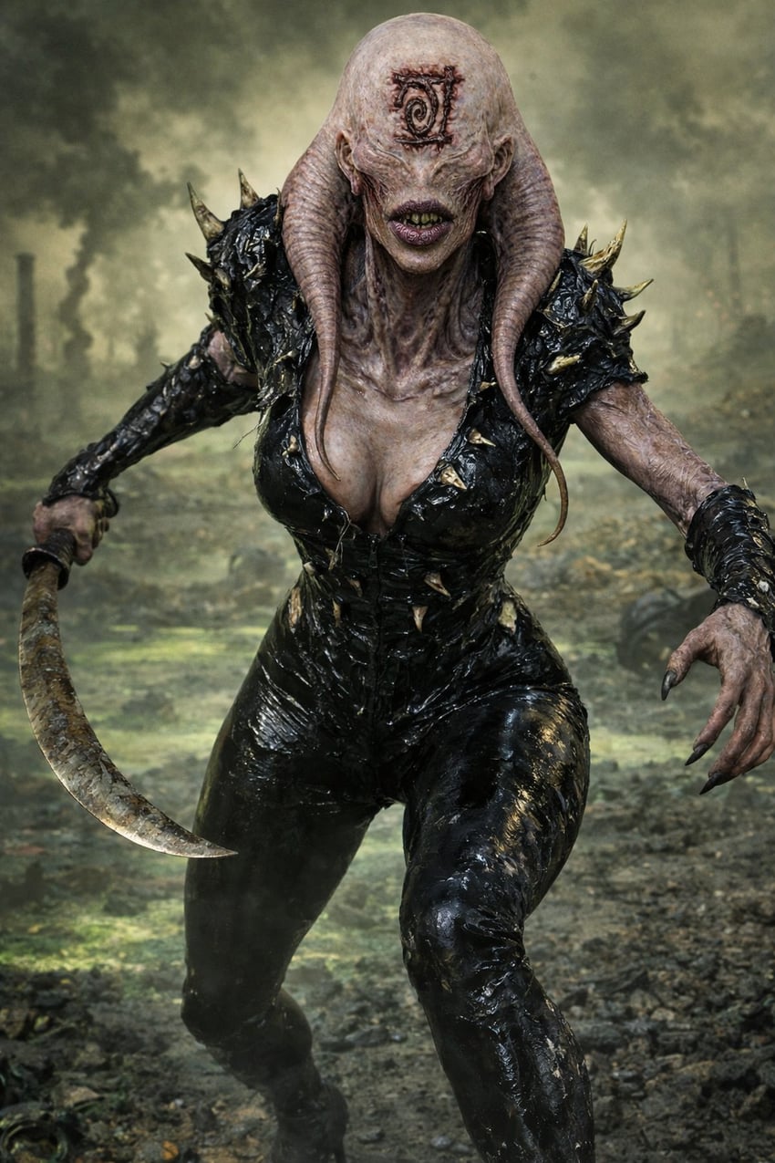 breasts, character_request, chatgpt, cleavage, factory, fomori, non-web_source, oily_skin, realistic, self-upload, smoke, spiked_jacket, standing, sword, urge_wyrm, wasteland, weapon, werewolf_the_apocalypse