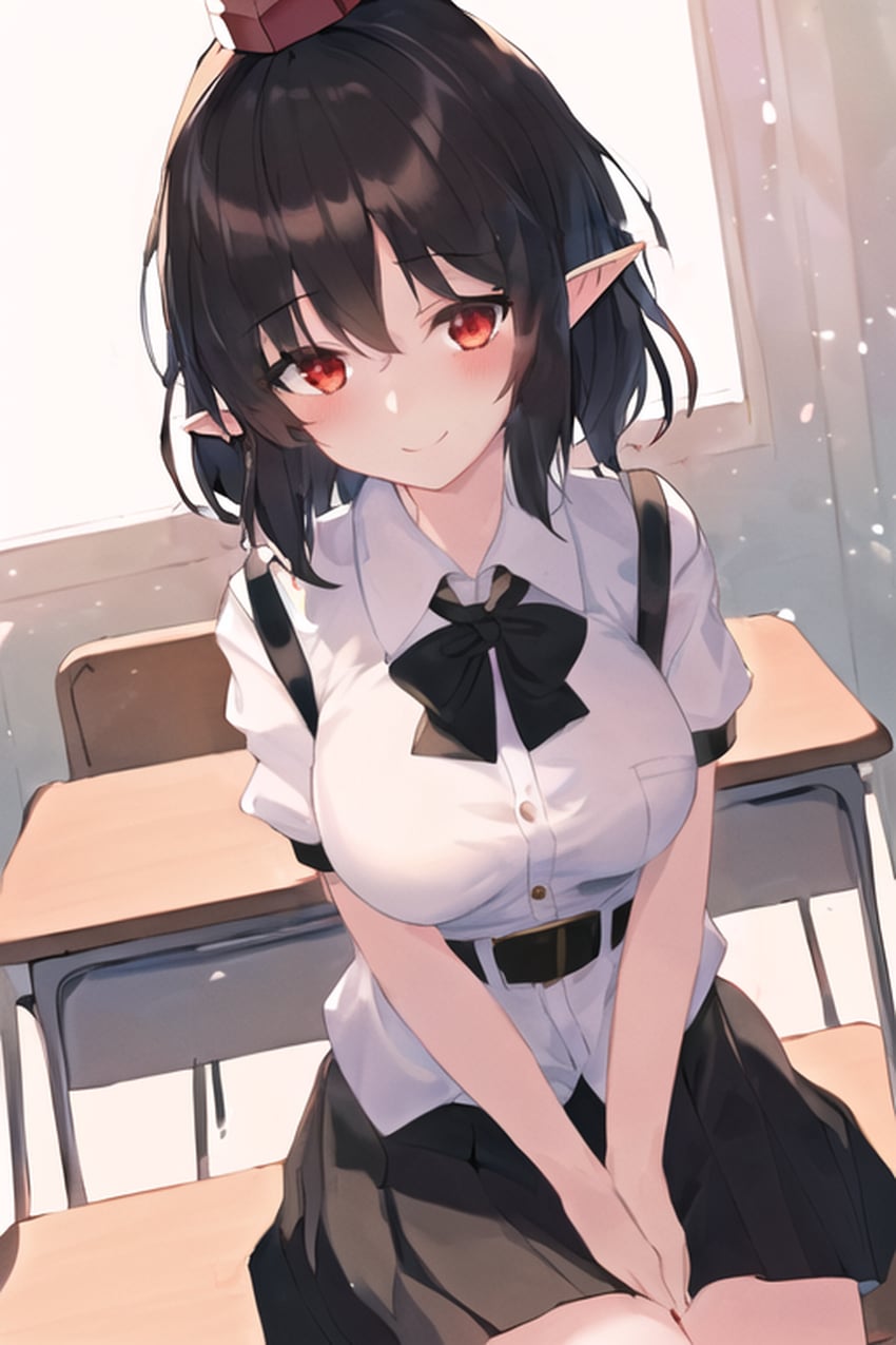 1girl, absurdres, belt, black_belt, black_bow, black_bowtie, black_hair, black_skirt