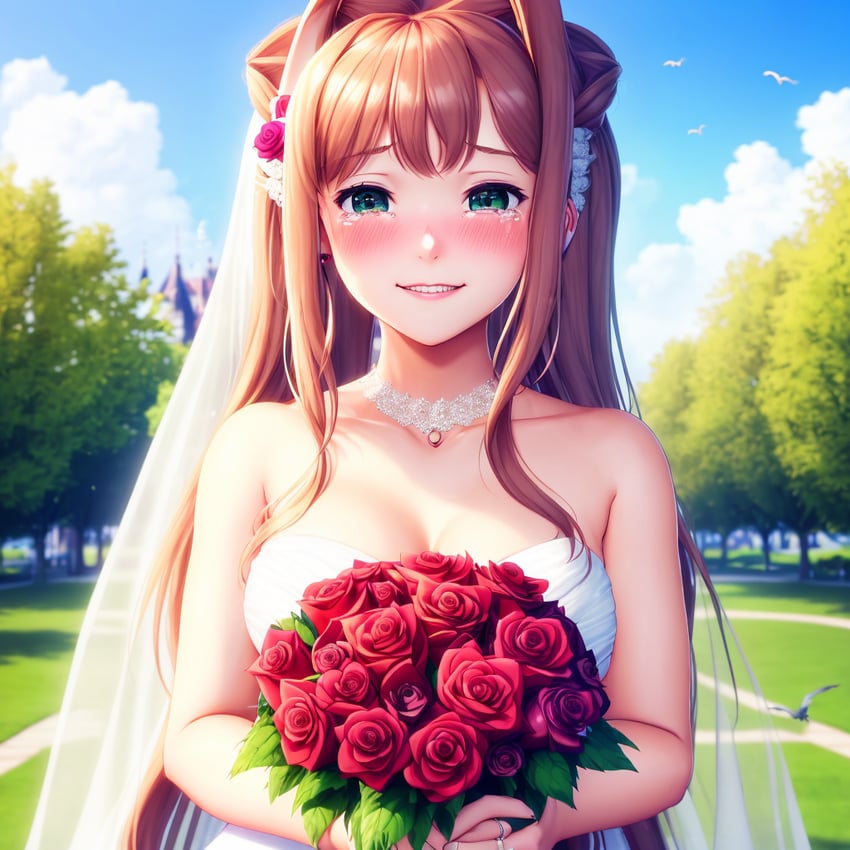 1girl, bare_shoulders, blue_sky, bouquet, cloud, collarbone, day, doki_doki_literature_club