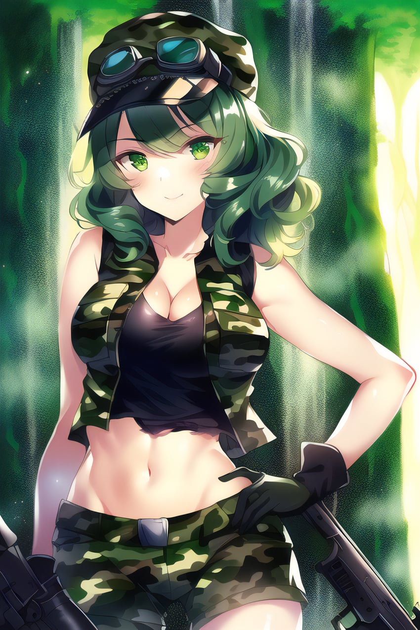 1girl, bare_shoulders, black_gloves, black_tank_top, blue-tinted_eyewear, blurry, breasts, cabbie_hat