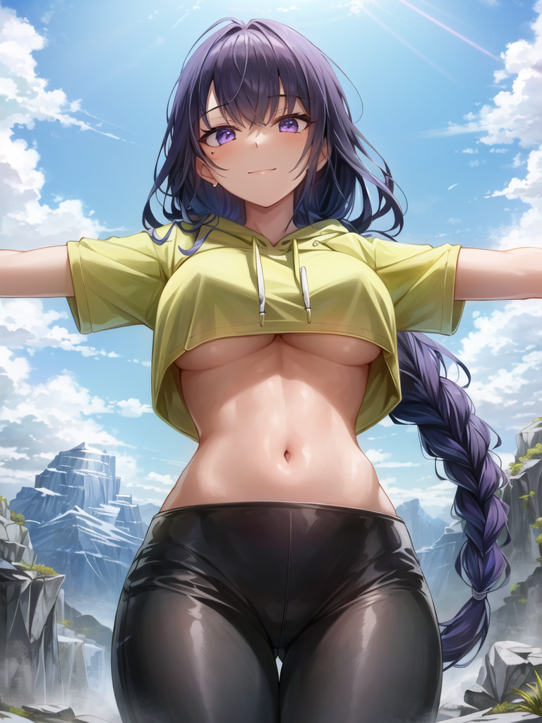 1girl, alternate_costume, bangs, blue_sky, braid, breasts, cloud, cloudy_sky