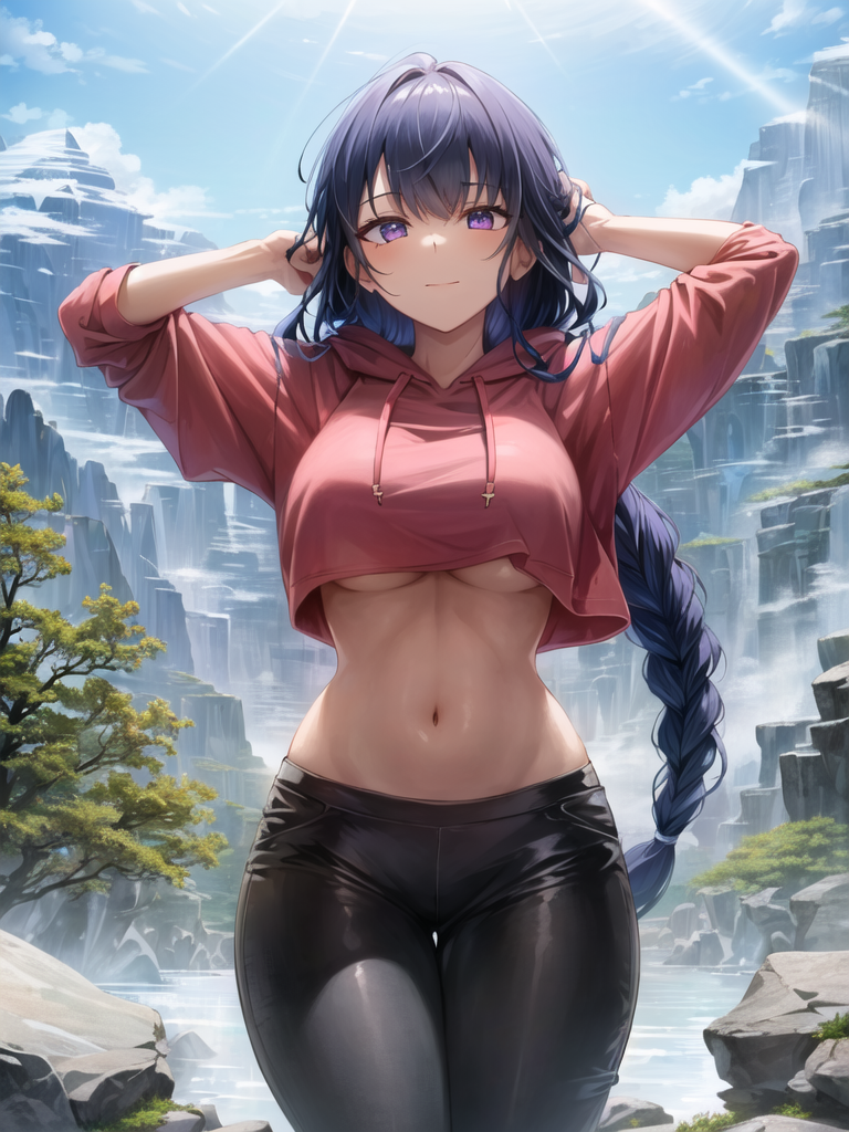 1girl, arms_up, bangs, black_pants, blue_sky, braid, breasts, building, closed_mouth, cloud, commentary, day, english_commentary, genshin_impact, hood, hoodie, kumisudang, lake, large_breasts, latte, lens_flare, long_hair, looking_at_viewer, lora, low-braided_long_hair, mountain, mountainous_horizon, navel, outdoors, pants, purple_eyes, purple_hair, raiden_shogun, red_hoodie, rock, single_braid, sky, solo, stomach, sunlight, tree, underboob, water