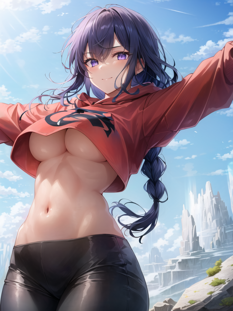 1girl, bangs, blue_sky, blush, braid, breasts, closed_mouth, cloud, cloudy_sky, commentary, crop_top, crop_top_overhang, day, english_commentary, genshin_impact, hood, hoodie, kumisudang, large_breasts, latte, long_hair, looking_at_viewer, lora, low-braided_long_hair, navel, no_bra, outdoors, purple_eyes, raiden_shogun, red_hoodie, rock, single_braid, sky, smile, solo, standing, stomach, sunlight, underboob