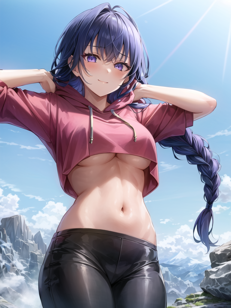1girl, arms_up, black_pants, blue_sky, blush, braid, breasts, closed_mouth