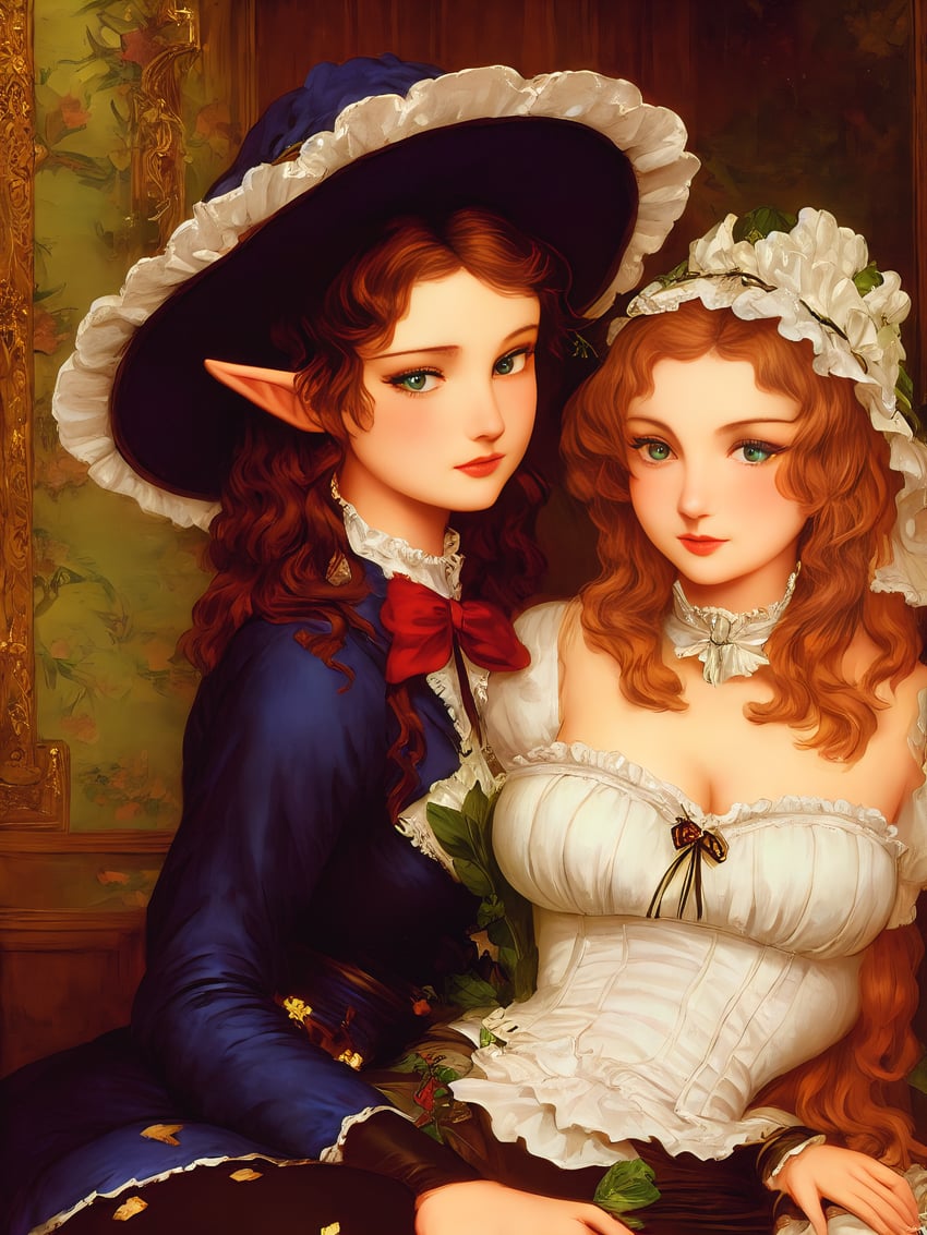 2girls, absurdres, bad_hands, blouse, bow, bowtie, breasts, brown_hair