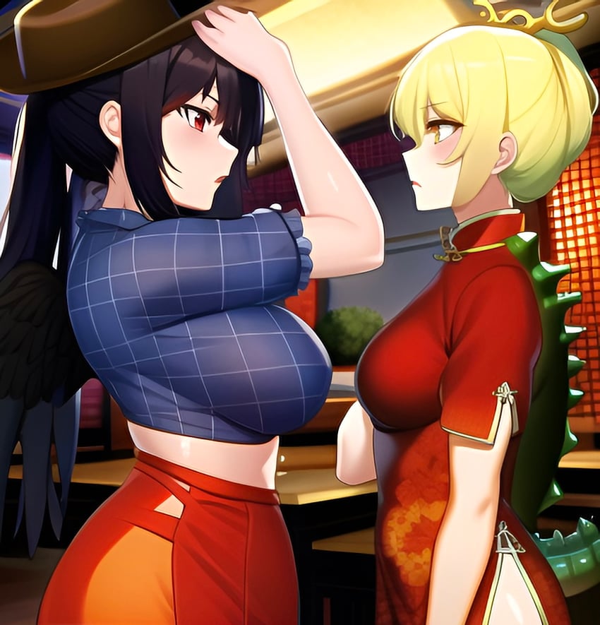 2girls, antlers, black_hair, black_wings, blonde_hair, blue_shirt, breasts, brown_headwear
