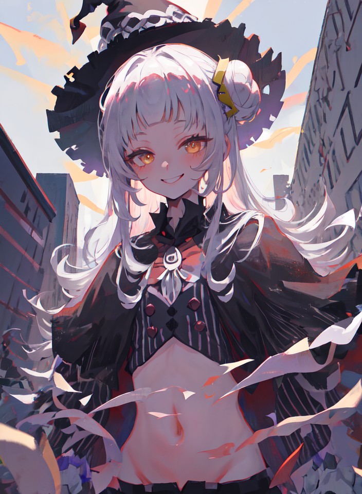 1girl, bangs, blunt_bangs, breasts, capelet, flat_chest, grey_hair, hair_bun