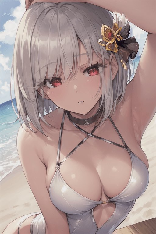 1girl, abyss_orange_mix, apple7430, bangs, bare_shoulders, bikini, blue_sky, breasts