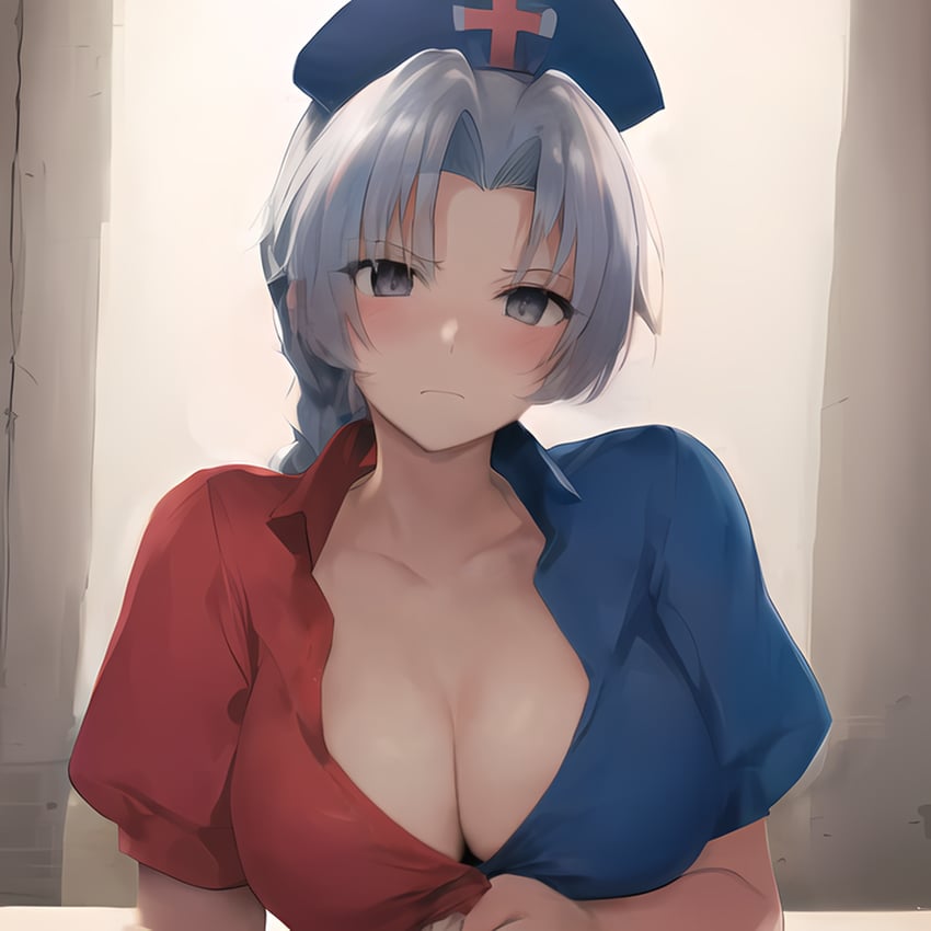 1girl, absurdres, bangs, blue_dress, blue_headwear, blush, braid, breasts