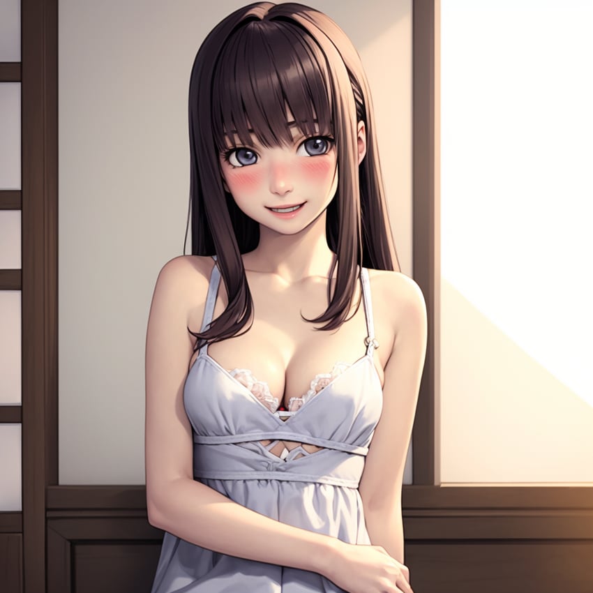 1girl, bangs, blush, breasts, brown_hair, cleavage, long_hair, looking_at_viewer, lora, medium_breasts, merged_model, model_request, non-web_source, sakurane_shouka, self-upload, smile, solo, subarashiki_kono_sekai, undi, upper_body