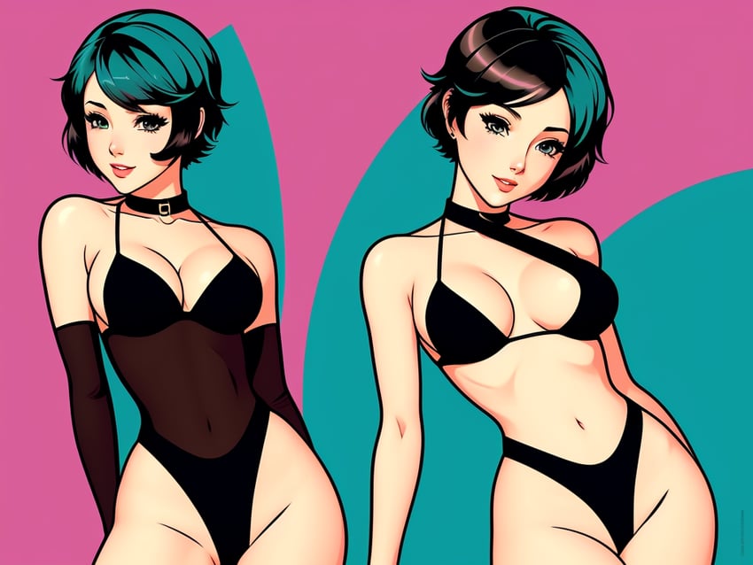 1girl, bikini, black_bikini, black_hair, breasts, choker, cleavage, elegance