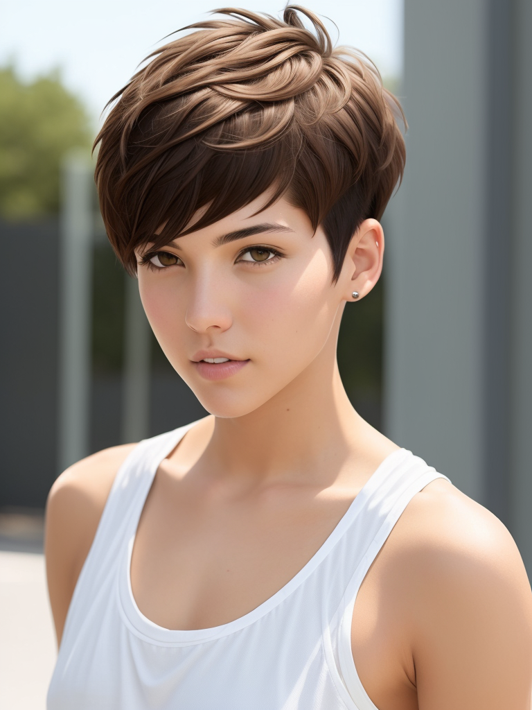 1girl, bare_shoulders, black_hair, blurry, blurry_background, blurry_foreground, brown_eyes, brown_hair, collarbone, depth_of_field, elegance, lips, looking_at_viewer, non-web_source, nose, original, parted_lips, realistic, shirt, short_hair, sleeveless, solo, tank_top, tomboy, upper_body, werethekau