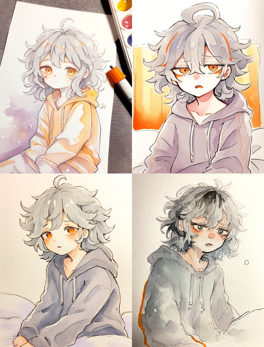 4girls, ahoge, bangs, bed, blush, closed_mouth, drawstring, faux_painting