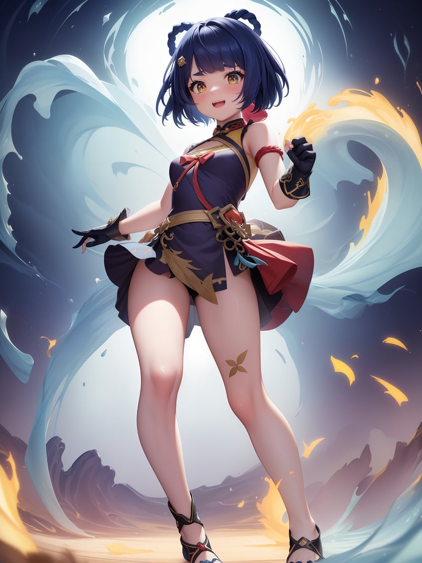 1girl, armband, armpit_peek, bare_legs, bare_shoulders, black_gloves, blue_hair, blush