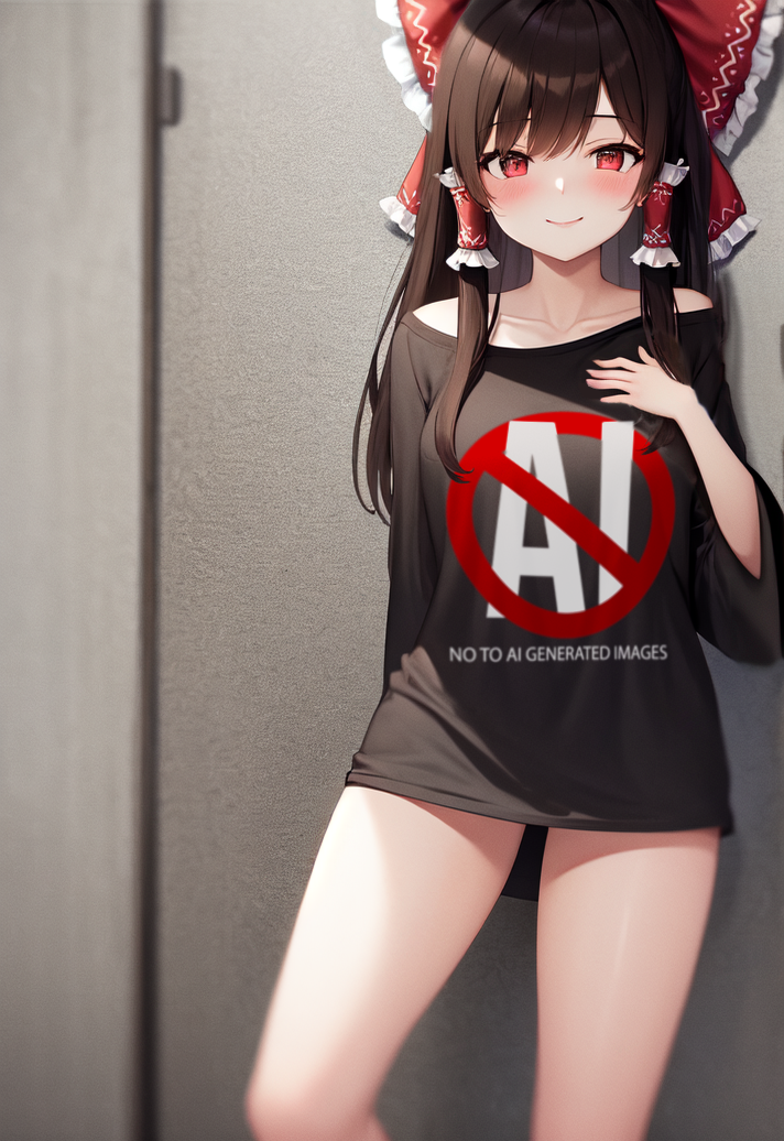 1girl, abyss_orange_mix, ai-generated_art_(topic), anything_(model), bangs, bare_legs, black_hair, black_shirt, blurry, blurry_background, blush, bottomless, bow, brown_hair, closed_mouth, clothes_writing, collarbone, commentary, cowboy_shot, english_commentary, feet_out_of_frame, first-party_edit, frilled_bow, frilled_hair_tubes, frills, hair_bow, hair_tubes, hakurei_reimu, hand_on_own_chest, happy, long_hair, long_sleeves, looking_at_viewer, metadata_request, naked_shirt, no_ai_logo, no_pants, no_symbol, non-web_source, off-shoulder_shirt, off_shoulder, red_bow, red_eyes, self-upload, shirt, sidelocks, smile, solo, standing, t-shirt, thighs, touhou, tremolo_measure, wall
