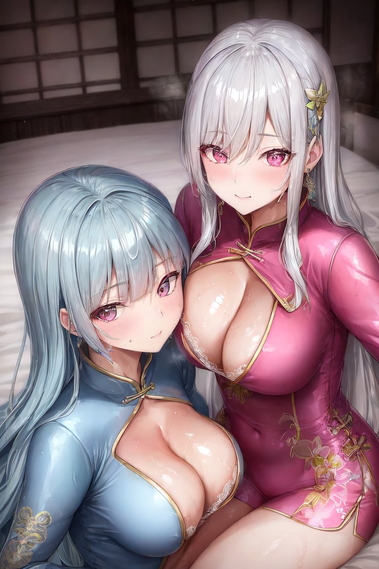2girls, bangs, blunt_bangs, blush, breasts, china_dress, chinese_clothes, cleavage