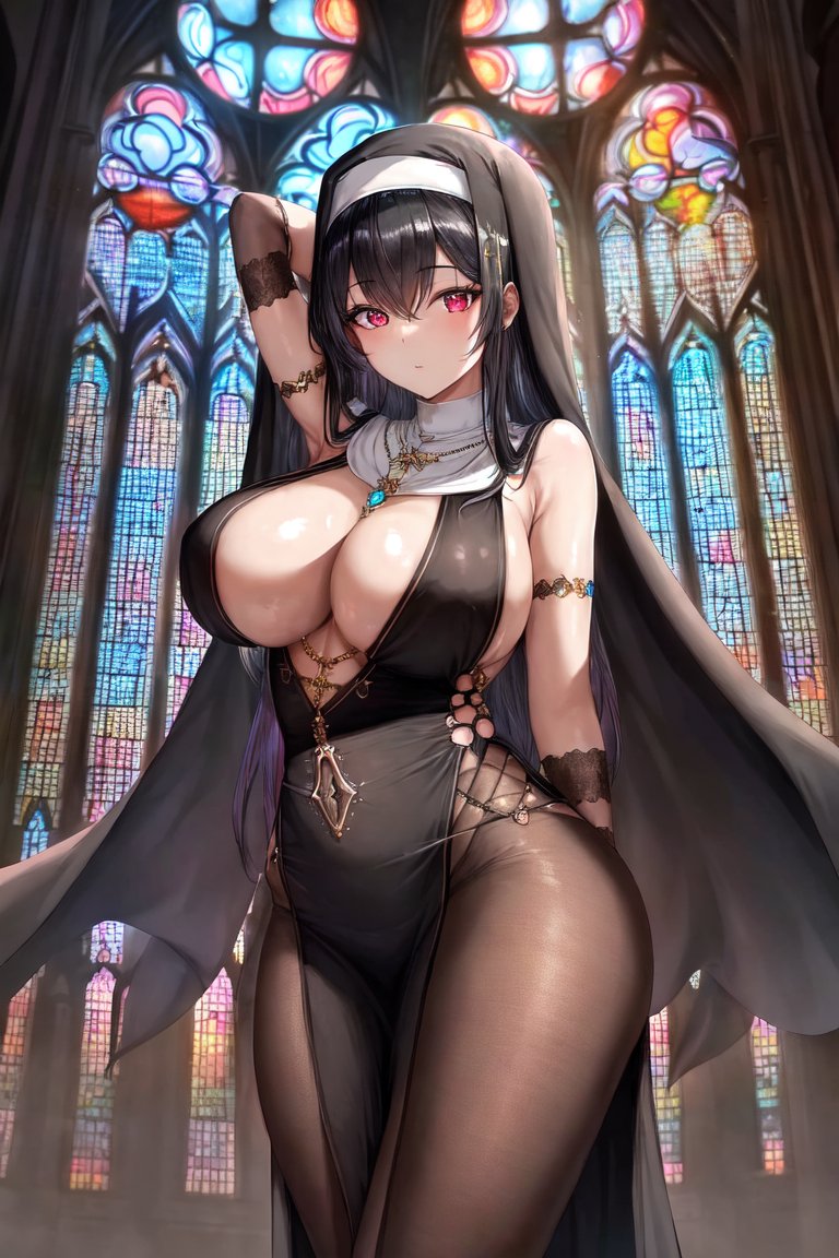 1girl, architecture, bare_shoulders, black_dress, black_hair, bookshelf, breasts, building