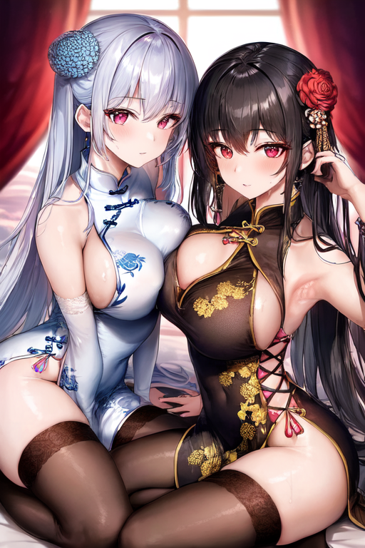 2girls, armpits, asymmetrical_docking, bare_shoulders, black_dress, black_hair, blush, breast_press