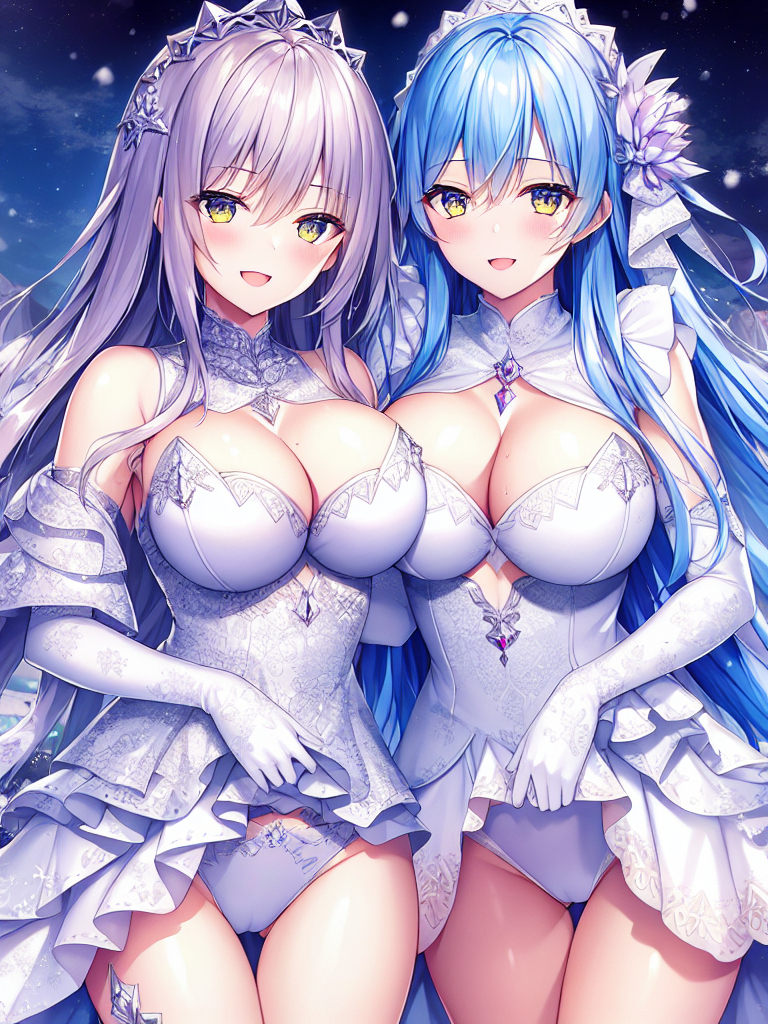 2girls, bangs, bare_shoulders, blue_hair, blush, breasts, cleavage, dress