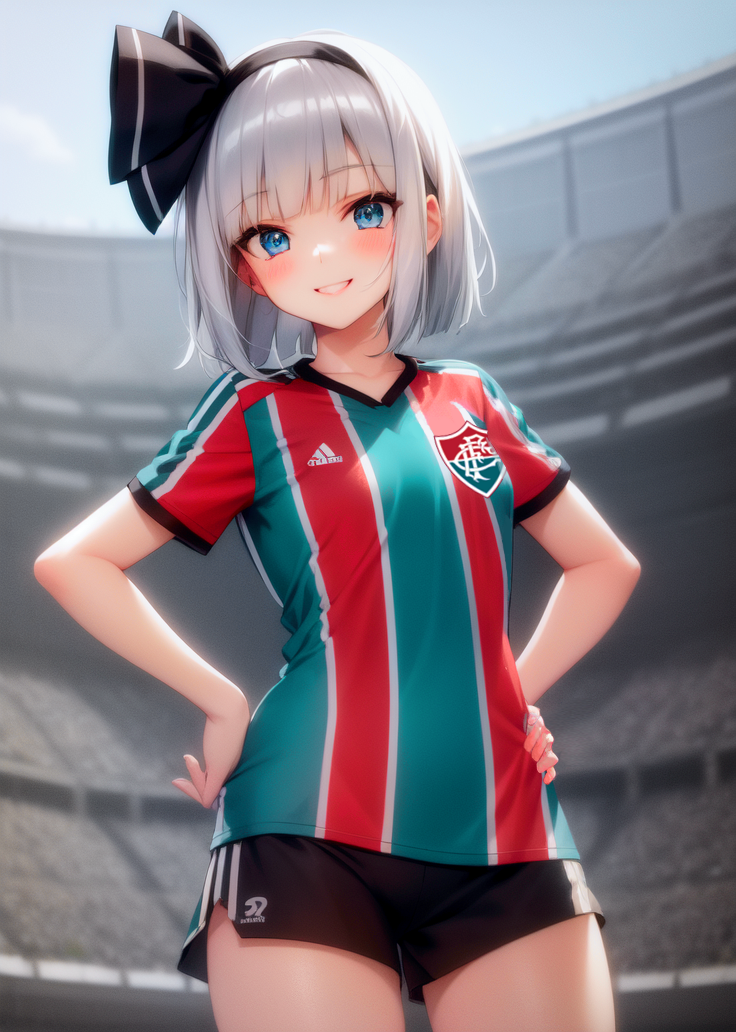 1girl, abyss_orange_mix, alternate_costume, anything_(model), bangs, black_hairband, black_ribbon, black_shorts, blue_eyes, blunt_bangs, blush, breasts, commentary, cowboy_shot, english_commentary, first-party_edit, fluminense_football_club, green_shirt, grey_hair, hair_ribbon, hairband, hands_on_own_hips, konpaku_youmu, looking_at_viewer, merged_model, metadata_request, multicolored_shirt, non-web_source, outdoors, red_shirt, ribbon, self-upload, shiny, shiny_hair, shirt, short_hair, short_legs, short_sleeves, shorts, small_breasts, smile, soccer_uniform, solo, sportswear, stadium, standing, striped, striped_shirt, t-shirt, touhou, tremolo_measure, vertical-striped_shirt, vertical_stripes, white_shirt