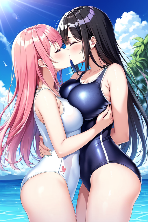 2girls, beach, black_hair, blue_sky, breast_press, breasts, closed_eyes, cloud