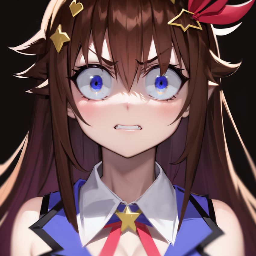 1girl, backlighting, bangs, bare_shoulders, black_background, blue_eyes, breasts, brooch, brown_hair, cleavage, clenched_teeth, constricted_pupils, drawfag, eyebrows_visible_through_hair, hair_between_eyes, hair_ornament, hair_ribbon, hll_(model), hololive, jewelry, light_blush, long_hair, looking_at_viewer, lora, portrait, red_ribbon, ribbon, simple_background, solo, star_(symbol), straight-on, teeth, tokino_sora, tokino_sora_(1st_costume), v-shaped_eyebrows, virtual_youtuber, wide-eyed, wing_collar