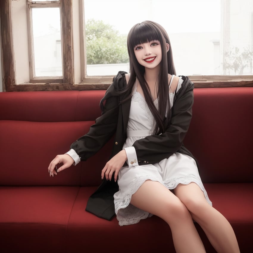 1girl, bangs, black_hair, couch, indoors, jacket, lipstick, long_hair