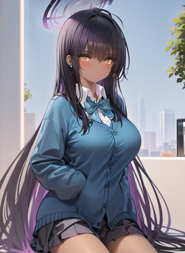1girl, anythingelse, black_hair, black_skirt, blue_archive, blue_bow, blue_bowtie, blue_cardigan