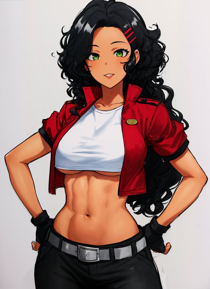 1girl, 7th_heaven_mix, abs, belt, black_hair, breasts, dark-skinned_female, dark_skin, fingerless_gloves, gloves, green_eyes, hair_ornament, hairclip, hand_on_own_hip, jacket, lips, long_hair, looking_at_viewer, midriff, navel, non-web_source, original, ranka, red_jacket, self-upload, simple_background, solo, standing, underboob, wavy_hair, white_background