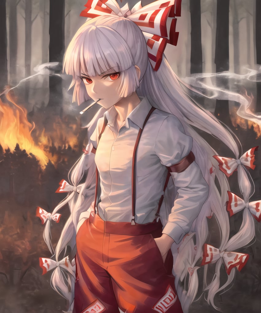 1girl, absurdres, baggy_pants, bamboo, bamboo_forest, bangs, bow, burning