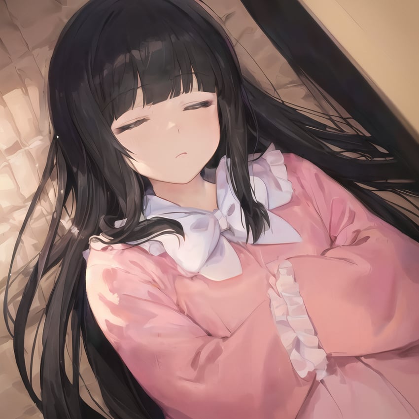 1girl, absurdres, bangs, black_hair, blunt_bangs, bow, bowtie, closed_eyes