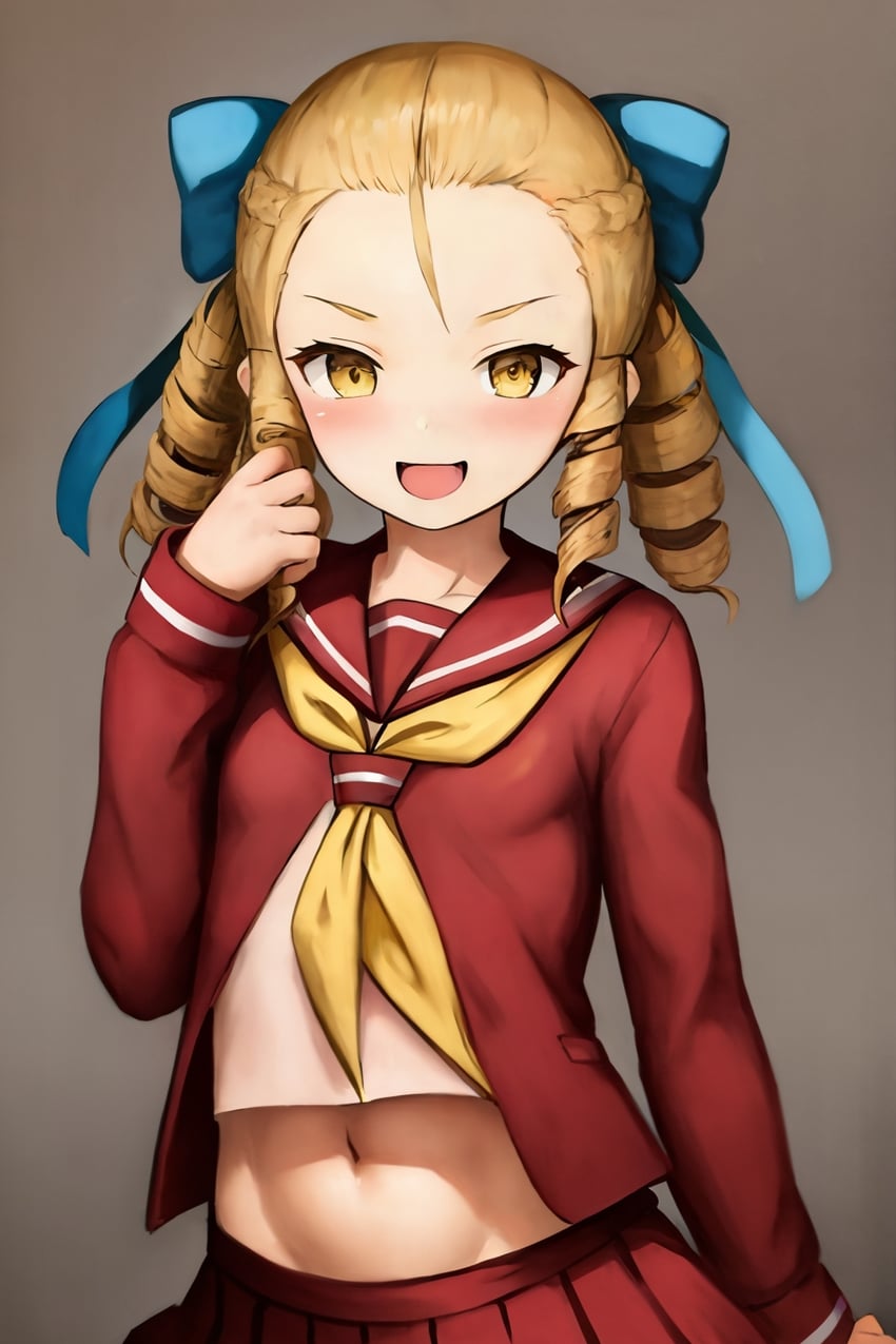 1girl, 7th_heaven_mix, aged_down, blue_bow, blush, bow, drill_hair, forehead