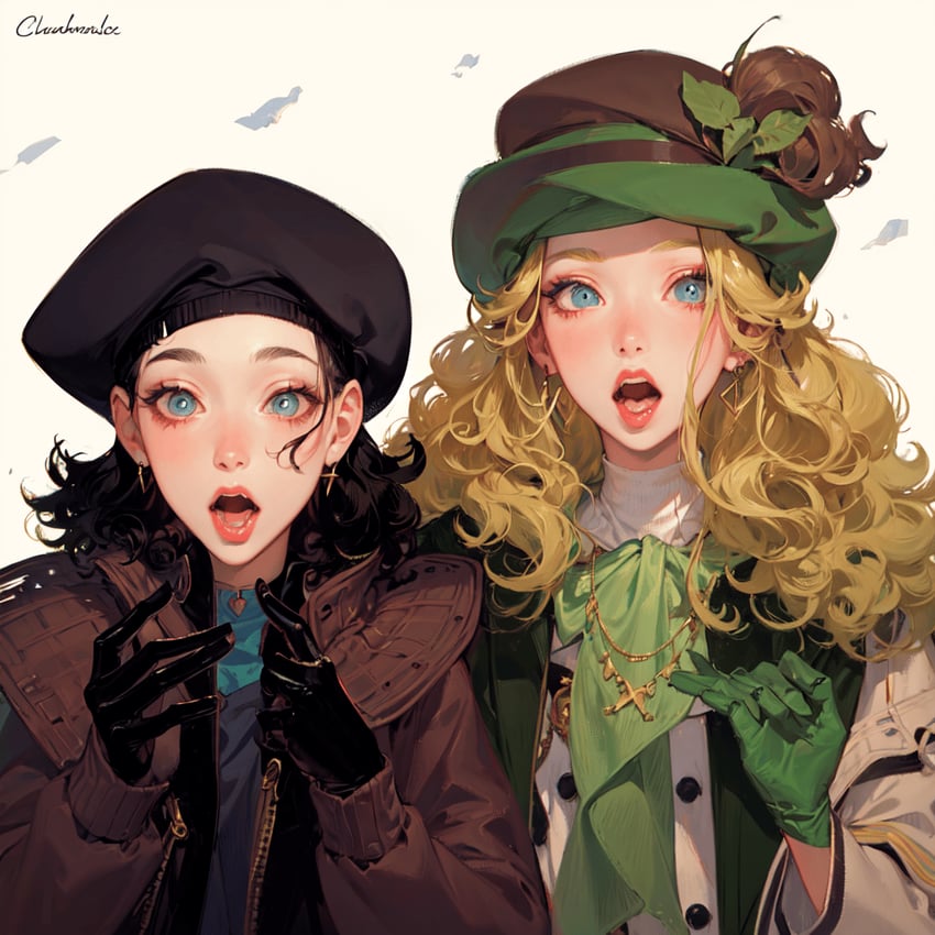 1990s_(style), 2girls, artist_name, beret, black_hair, black_headwear, blonde_hair, blue_eyes, coat, cross, cross_necklace, curly_hair, earrings, eyelashes, friends_(series), gloves, grapefruit_(model), green_headwear, hat, jewelry, long_hair, looking_at_viewer, metadata_request, monica_geller, multiple_girls, necklace, non-web_source, open_mouth, phoebe_buffay, raijin_(athanasios), retro_artstyle, self-upload, signature, simple_background, surprised, teeth, tongue, upper_body, wavy_hair