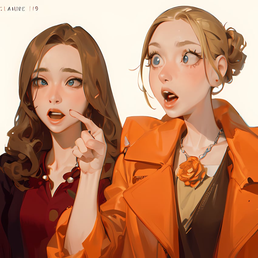 1990s_(style), 2girls, absurdres, blonde_hair, blue_eyes, blush, brown_hair, dress