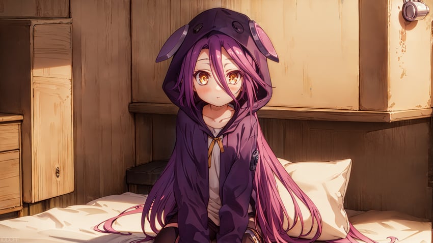1girl, absurdres, animal_hood, bed, bedroom, blush, breasts, closed_mouth, counterfeit_(model), first-party_edit, hair_between_eyes, highres, hood, hood_up, hooded_jacket, incredibly_absurdres, indoors, inpainted, iodoff, jacket, long_hair, long_sleeves, looking_at_viewer, lora, making-of_available, no_game_no_life, on_bed, open_clothes, open_jacket, pillow, purple_hair, purple_jacket, resized, self-upload, shirt, shuvi_(no_game_no_life), sitting, small_breasts, solo, upscaled, very_long_hair, wariza, white_shirt, yellow_eyes