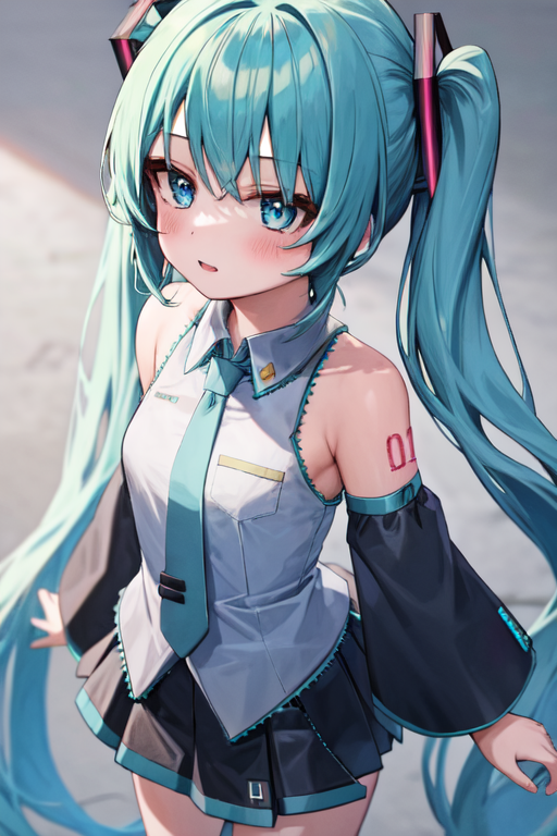 1girl, aojiroi, aqua_eyes, aqua_hair, bare_shoulders, black_skirt, black_sleeves, blue_necktie