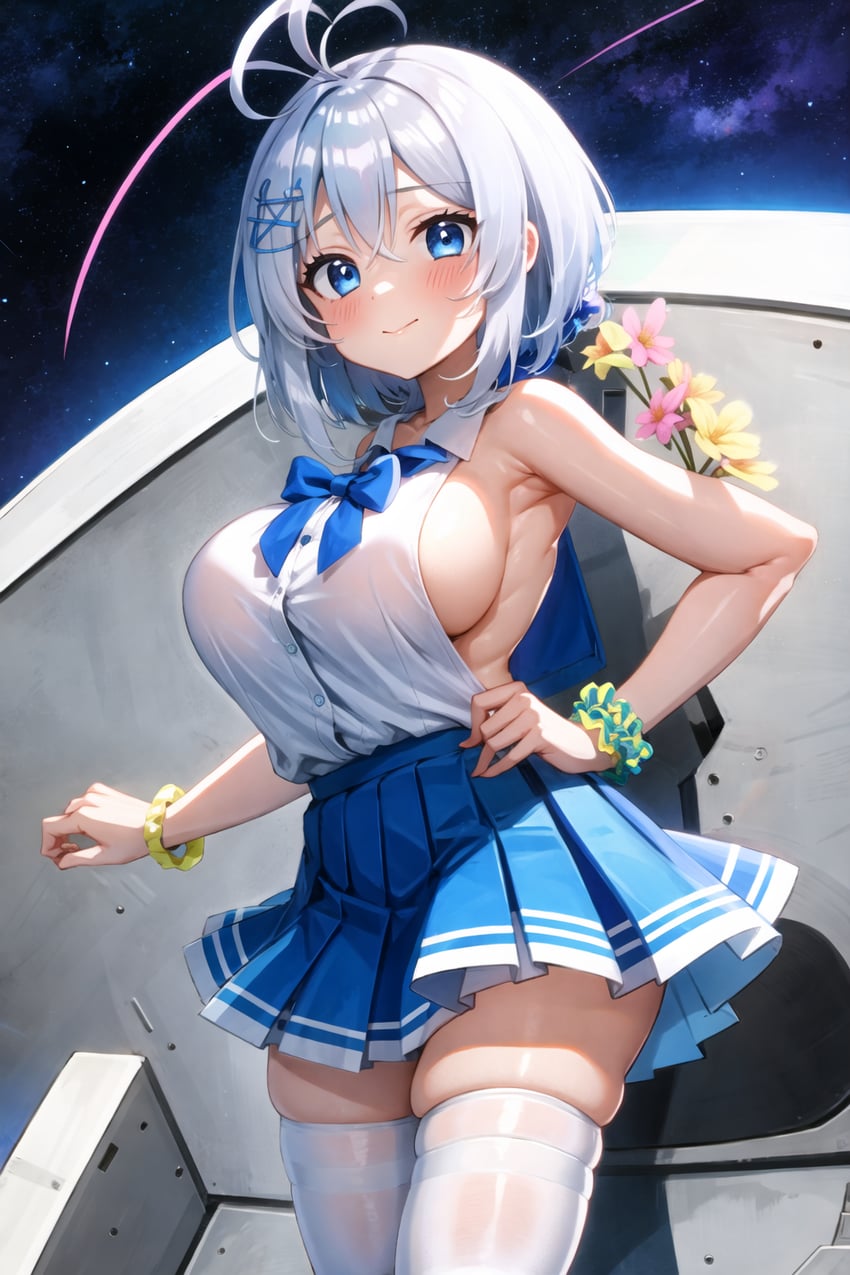 1girl, antenna_hair, backless_outfit, blue_eyes, blue_skirt, breasts, collared_shirt, dennou_shoujo_youtuber_siro