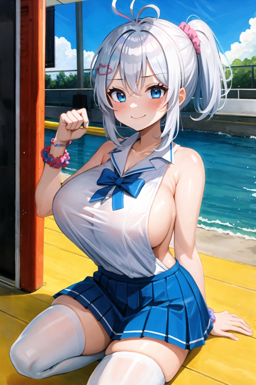 1girl, antenna_hair, backless_outfit, blue_eyes, blue_skirt, breasts, collared_shirt, dennou_shoujo_youtuber_siro