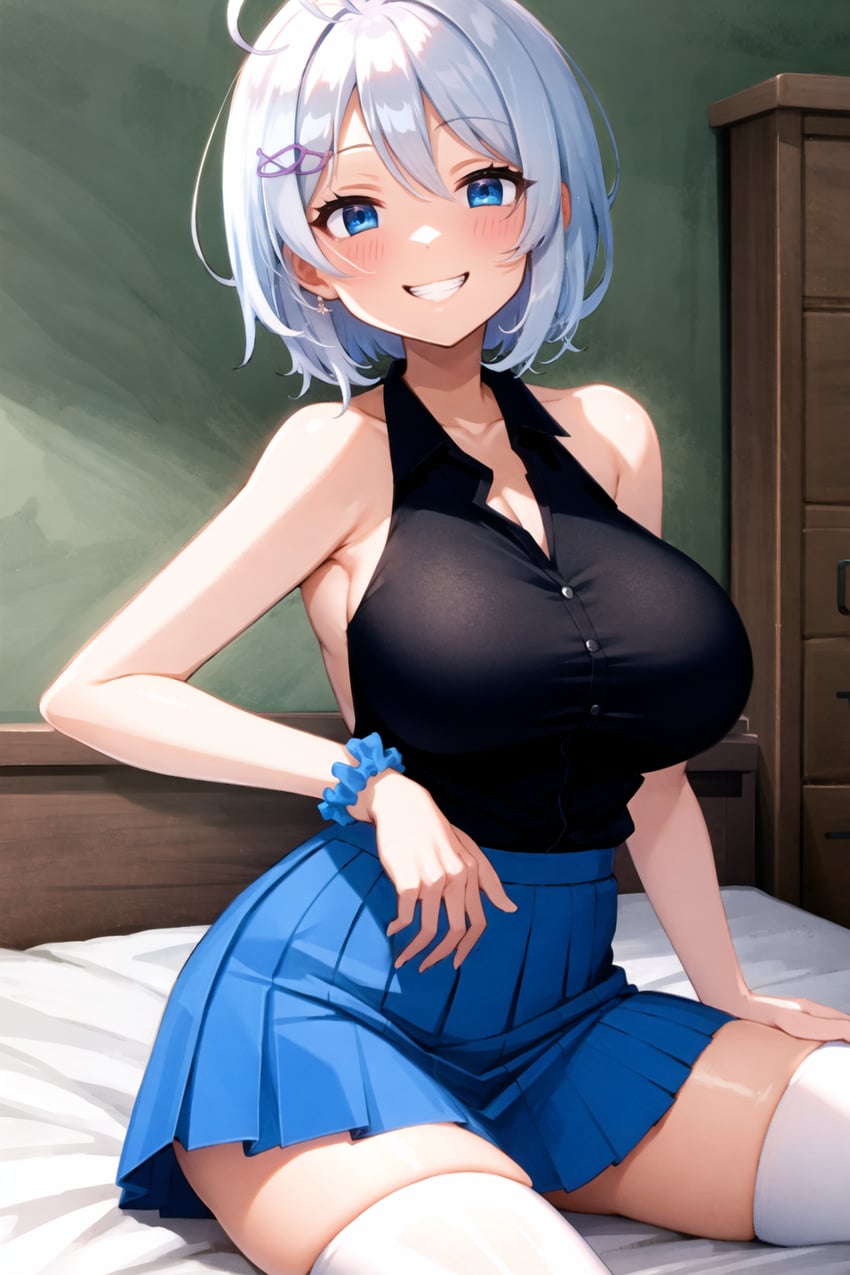 1girl, backless_outfit, blue_eyes, blue_skirt, blush, breasts, collared_shirt, dennou_shoujo_youtuber_siro