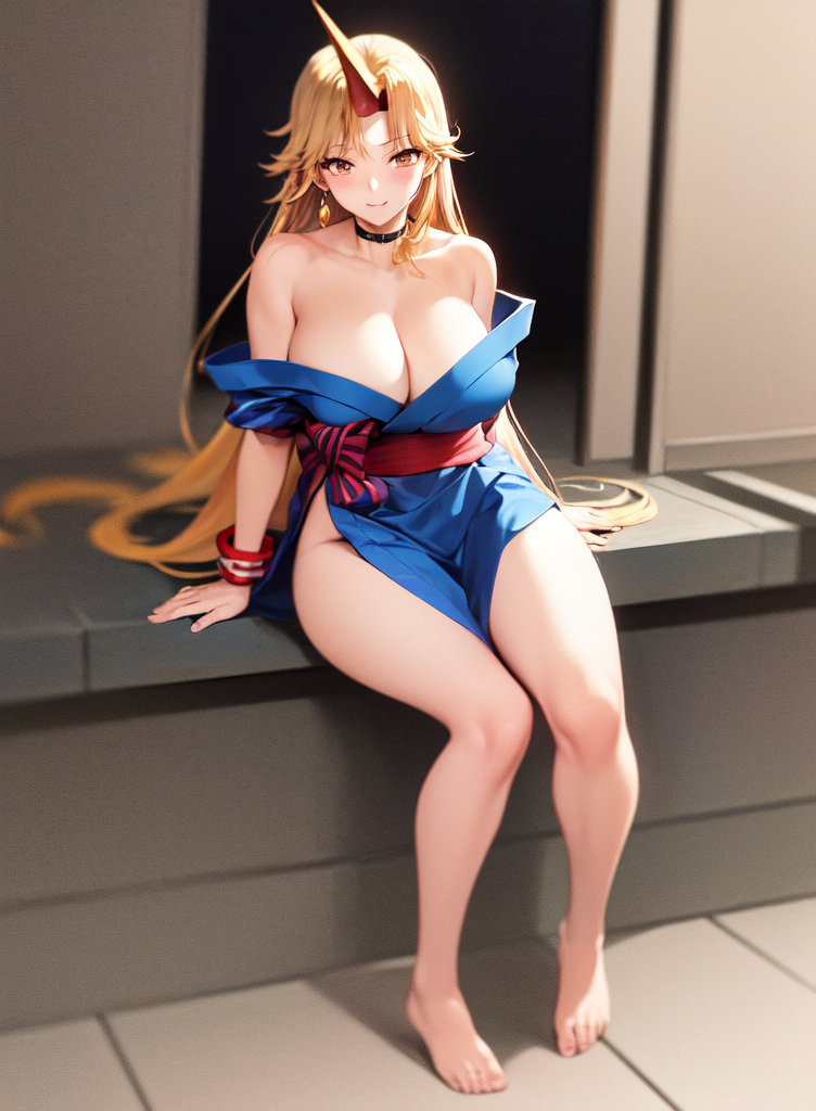 1girl, abyss_orange_mix, bare_legs, bare_shoulders, barefoot, blonde_hair, blue_kimono, blurry, breasts, cleavage, closed_mouth, collarbone, cuffs, full_body, happy, horns, hoshiguma_yuugi, hoshiguma_yuugi_(promo), japanese_clothes, kimono, large_breasts, long_hair, non-web_source, off_shoulder, red_eyes, red_sash, sash, self-upload, shackles, single_horn, sitting, smile, solo, thighs, touhou, tremolo_measure, very_long_hair, yukata