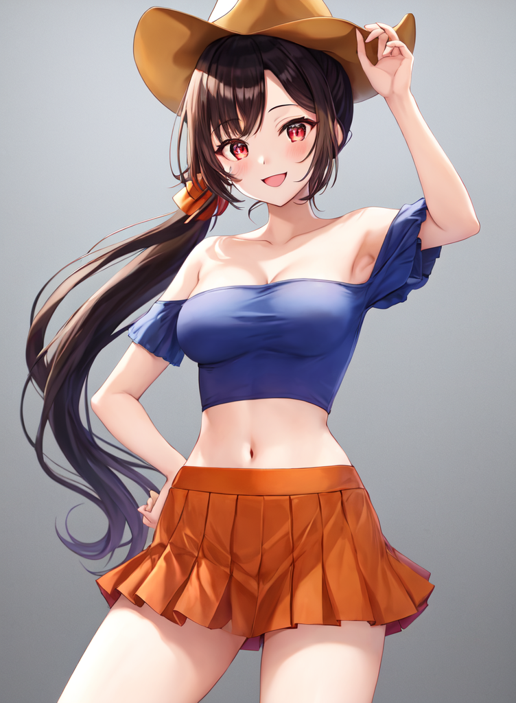 1girl, anythingelse, bare_shoulders, breasts, brown_overskirt, cleavage, collarbone, cowboy_hat