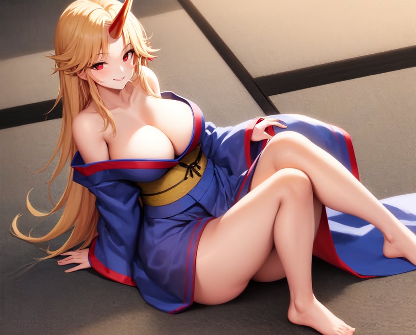 1girl, abyss_orange_mix, bare_shoulders, barefoot, blonde_hair, blue_kimono, breasts, cleavage