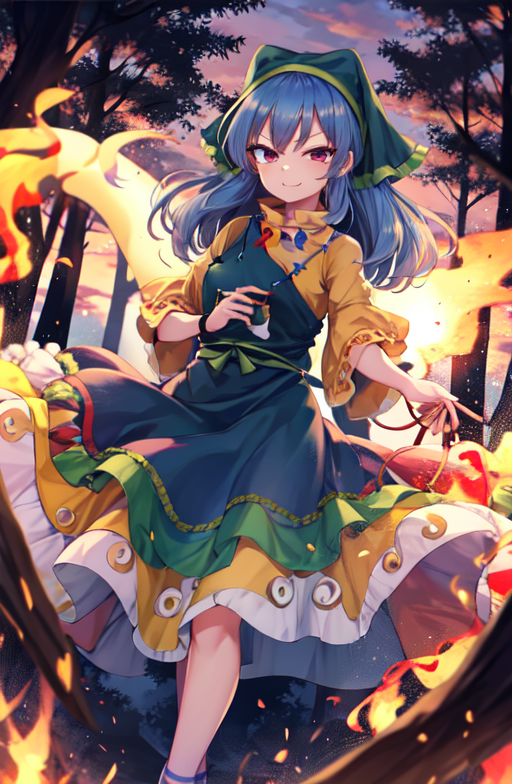 1girl, apron, aura, aurora, bad_link, blue_hair, closed_mouth, dress