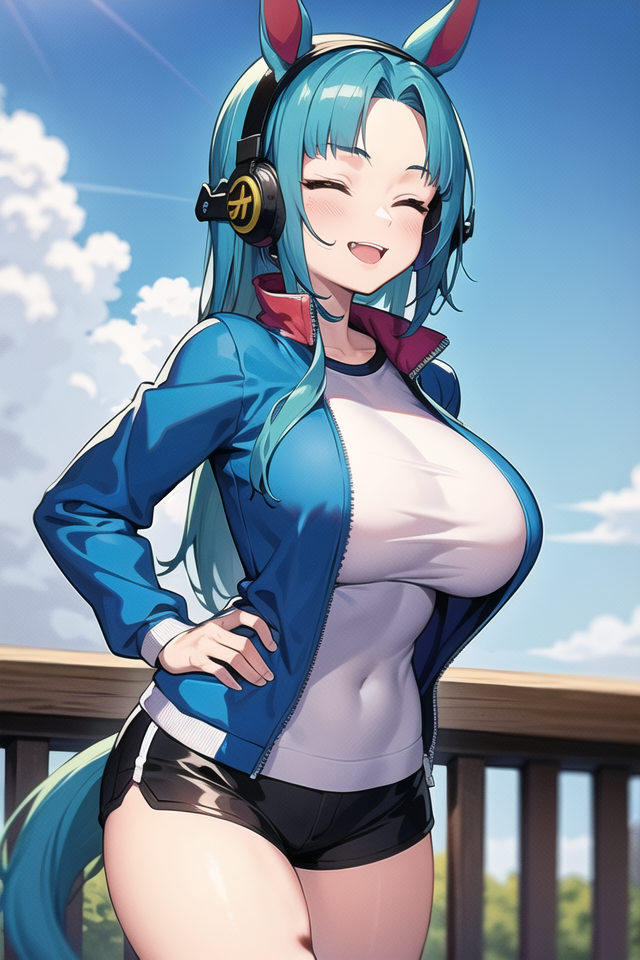 1girl, alternate_breast_size, animal_ears, bike_shorts, blue_hair, blush, breasts, closed_eyes