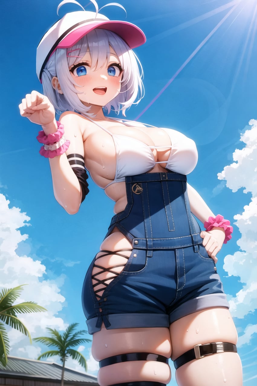 1girl, antenna_hair, bikini, blue_eyes, breasts, cleavage, dennou_shoujo_youtuber_siro, dope_inside_concrete, hair_ornament, hairclip, hat, large_breasts, looking_at_viewer, lora, model_request, outdoors, overall_shorts, overalls, scrunchie, self-upload, short_hair, siro_(dennou_shoujo_youtuber_siro), skindentation, solo, sweat, swimsuit, thigh_strap, virtual_youtuber, wrist_scrunchie